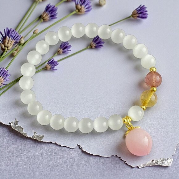 Elegant Natural Opal Beaded Dainty Stretchy Bracelet with Pink Peach Charm - Picture 9 of 9